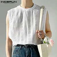 INCERUN Mens Sleeveless Sheer Floral Vests See Through Muscle Party Blouse Tank Tops Tees (Korean Style)