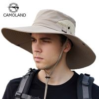 CAMOLAND Summer Men Bucket Hat Outdoor UV Protection Wide Brim Panama Safari Hunting Hiking Hat Mesh Fisherman Hat Sunscreen Cap