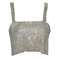 ผู้หญิงเสื้อเปิดไหล่เซ็กซี่ Crop เสื้อกล้าม Rhinestone เงาโลหะเสื้อกล้ามเพชร Backless ปาร์ตี้เต้นรำเครื่องประดับ Clubwear