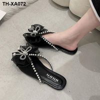 Baotou half slippers women flat outside the new summer 2022 han edition bowknot pearl white gauze fairy cooling