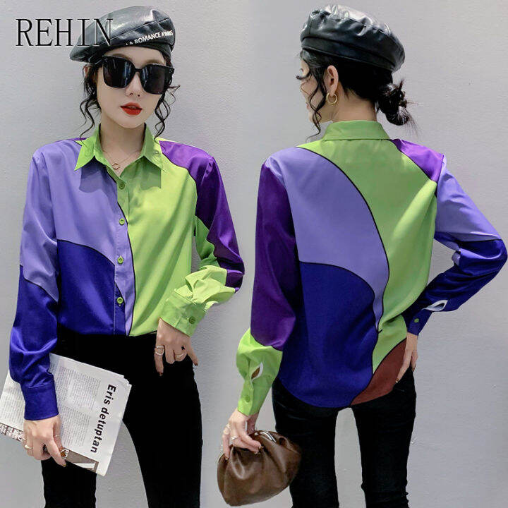 rehin-ผู้หญิงฤดูใบไม้ร่วงและฤดูหนาวใหม่แฟชั่นการพิมพ์เสื้อแขนยาว-clashing-สีหลวม-lapel-เสื้อชีฟองหรูหรา