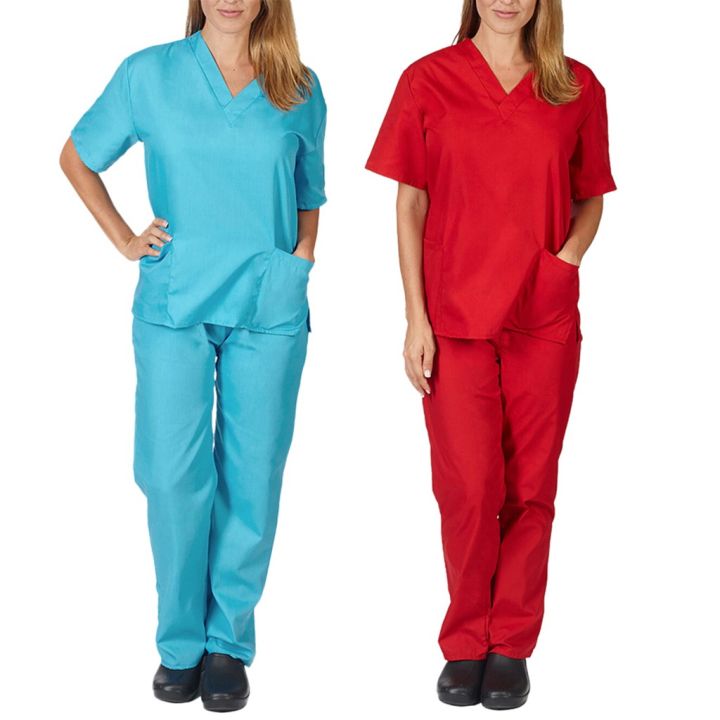 สองชิ้นชุดผู้ชายผู้หญิงแขนสั้นคอวีท็อปส์กางเกงพยาบาลทำงานชุดสูทสตรีชุด