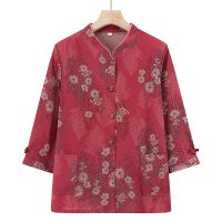 【มีไซส์ใหญ่】Plus Size Womens 3/4 Sleeve Floral Printed Summer Autumn Blouses Button Up Vintage Female Tops with Pockets Elegant Oversized Blusas