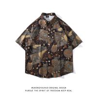 Tide brand retro ethnic style full printed short-sleeved shirt mens ins street loose casual all-match shirt 【BYUE】