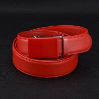 WOWTIGER Men Red Color 3.5cm Cow Leather Strap High Quality Automatic Buckle Belts for Men and Women Brand Holiday Gifts