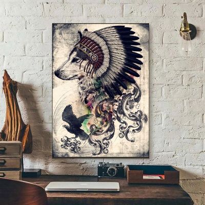 Modern Vintage Wolf Totem With Vintage Map White Feather Canvas Printed Wall Backg Decorating Room