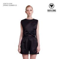 YOUTH TONIC - Cropped Satin Top with Bow Belt in Black / เสื้อ แขนกุด  แต่ง เข็มขัด โบว์ใหญ่ สีดำ