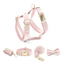 Thicken Soft Pink Velvet Dog Harness Collar Leash Set Luxury Engraving Name ID For Small Medium Dogs