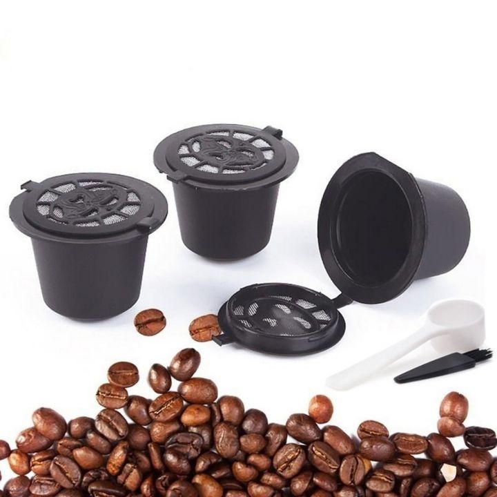 1-2-6ชิ้นใช้ซ้ำได้แคปซูลกาแฟเนสเปรสโซรีฟิลพร้อมแปรงช้อนของขวัญแคปซูลสีดำถ้วยกาแฟ