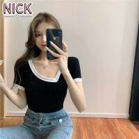 NICK เสื้อยืดสำหรับสตรี Hot Girl Design Sense Contrast สีแขนสั้นฤดูร้อนใหม่ Slim สั้น V คอสีทึบเซ็กซี่เสื้อยืดหญิง