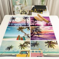 【cw】 32x42cm Summer Blue Seaside Placemat Coconut Tree Landscape Cotton Linen Dining Table Mats Coffe Bowl Cup Coaster Pad Home Decor