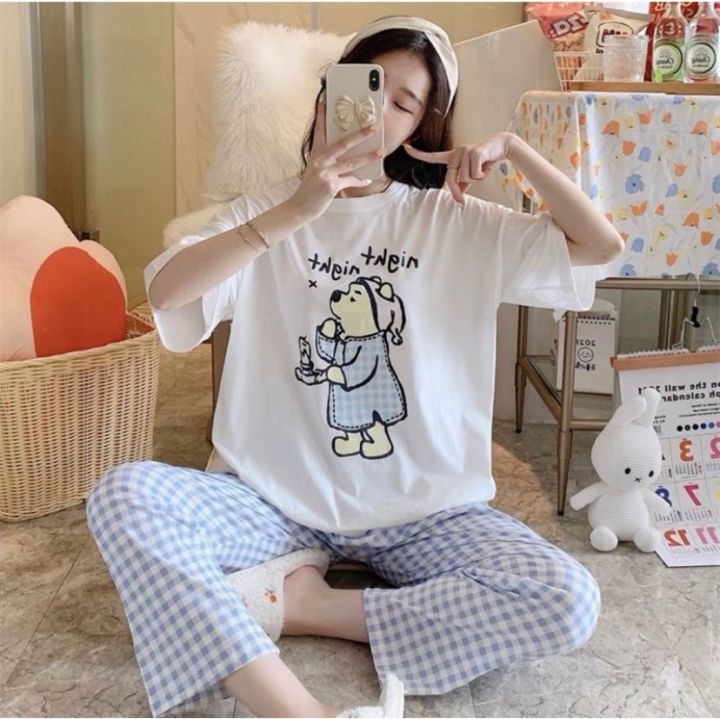 พร้อมส่ง-ชุดนอนเสื้อยืด-กางเกงขายาว