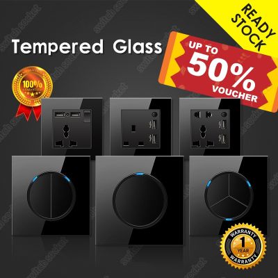 Ready stock 3D crystal tempered glass material wall light switch universal socket led indicator power usb socket-G11 black【One year warranty】