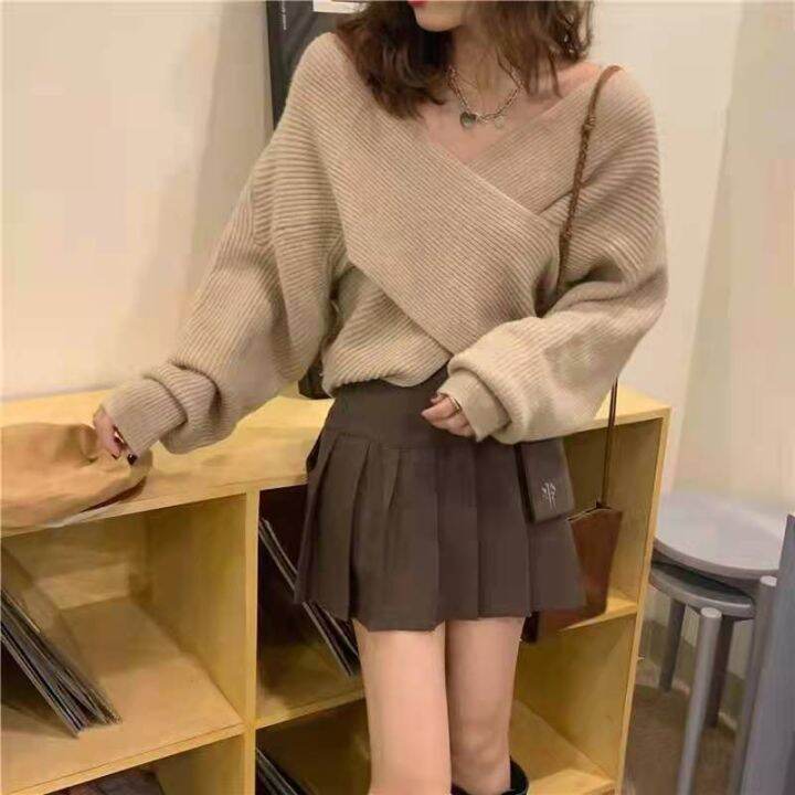 korean-cross-loose-long-sleeve-sweater-sexy-v-neck-solid-color-sweater