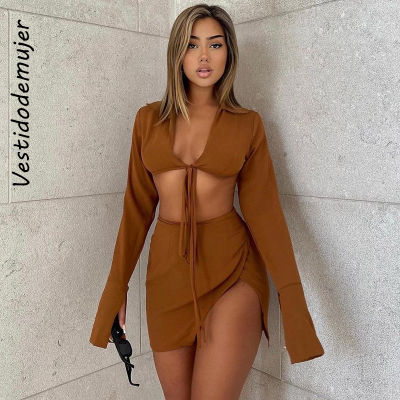 Brown Sexy Tie Front Top and Skirt 2 Pieces Sets Women Fashion Outfits Long Sleeve Matching Set Split Skirt Club Party Clothes