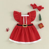 Summer Christmas Kids Toddler Girls Dress Ruffle Sleeve Belt Dress Headband Santa Outfit Xmas Clothes