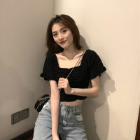 Summer French Square Collar Collarbone Puff Short Sleeve T-Shirt Off-Shoulder Design Sense Niche High Waist Crop Top Female Fashion