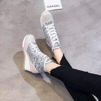 GA 2021 New Korean Style 8Cm Height Increasing Canvas Shoes Wedge Heels Sequins Lace Up Muffin Bottom Casual Platform High-Top Shoes