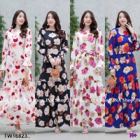 TT16823 แม็กซี่เดรส แขนสม๊อค ลายดอก.Maxi dress with smock sleeves, floral pattern..