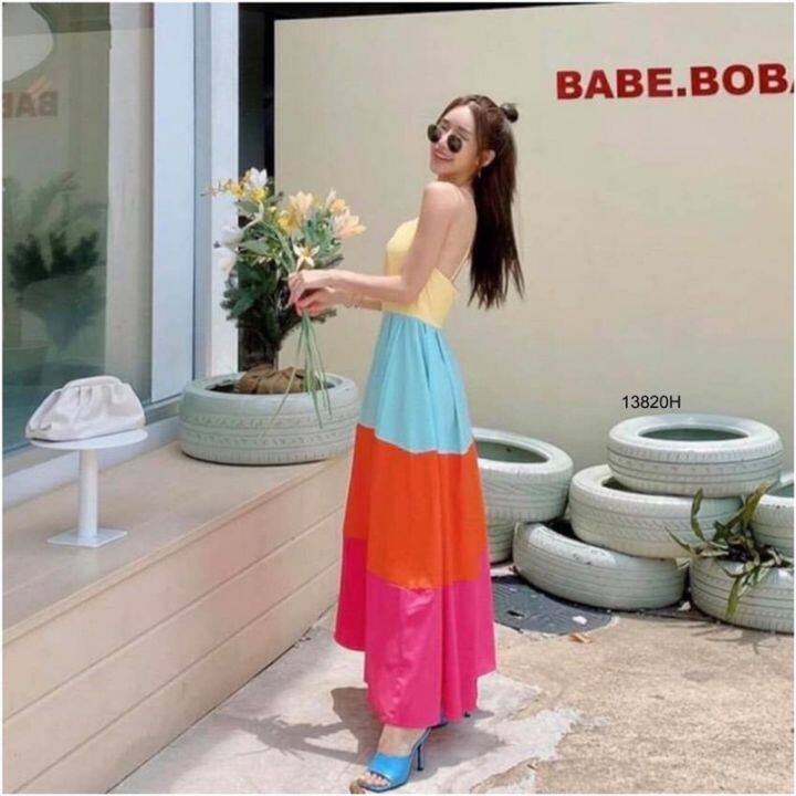 maxi-dress-แม็กซี่เดรสสายเดี่ยวไขว้หลัง-ดีเทลแต่งสลับสีตัดกันลงตัวสุดๆคะ-ผ้าโฟร์เวย์-ใส่ออกมาแล้วเป๊ะเว่อร์