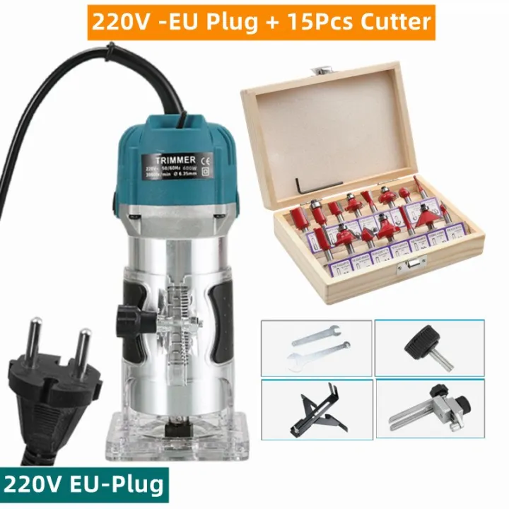 Wood Router Kit with 15pc 1/4" Collets Router Bits 600W 110/220V
