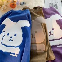 HOT14★Cute Rabbit Foaming Printed Women Loose Tees Vintage Acid Washed Girls T-shirts Female Short Sleeve Summer Tshirt Unisex Tops