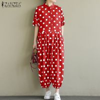 ZANZEA Women Casual Lapel Collar Vintage Polka Dot Print Jumpsuit