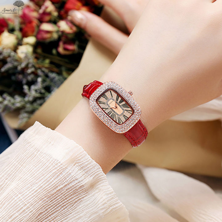 นาฬิกาควอตซ์สายคล้องหนังเพชรมีประกายนาฬิกาข้อมือผู้หญิงคลาสสิก-amart-อ่านง่ายสำหรับ-kado-ulang-tahun-pacar