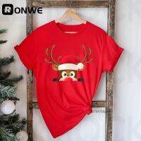 ขายร้อน เสื้อยืดโอเวอร์ไซส์Ropa de ciervo con sombrero de Navidad para mujer, bonito con estampado camisetas rojas, Tops Harajuku de Santa Claus para niña, ropa de regalo para todas las estaciones S-5XL เสื้อยืดลำลอง