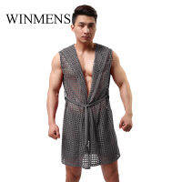 Men Summer RobeFunny Solid Hollowed-out Mens See Through Sleeveless Bathrobe Hooded Long Pajamasgowns