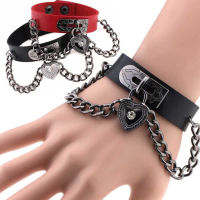 Unisex Personality Rhinestone Heart Spikes Chains Cuff Leather Bracelet Newest Punk Gothic Rock Bangles Bracelets Jewelry