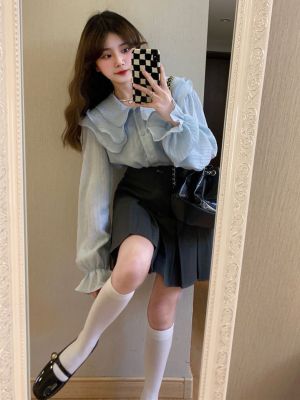 French Blue Ruffled Shirt Womens Early Autumn New Loose Slimming Design Niche Shirt Long Sleeve Top