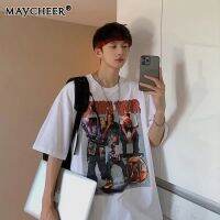 MAYCHEER   แฟชั่นของผู้ชายเสื้อยืดพิมพ์ลายใหญ่ลำลองหลวมแขนสั้น