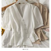 COD dhdfxcz Spring 2022 French Ladies irregular V-neck blouse short style waist bubble sleeve