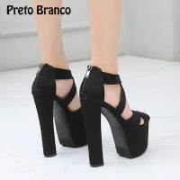 ◐▣☸ PRETO BRANCO 17Cm Stage Catwalk Super High Heel Coarse Heel Sandals Zipper Black High Heels Female Summer Womens Sandals ZYW