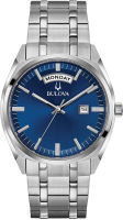 Bulova Mens Classic Stainless Steel Watch with Day Date Silver Tone/Blue