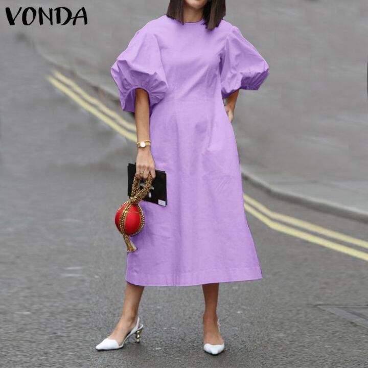 vonda-women-summer-round-neck-loose-puff-sleeve-dress