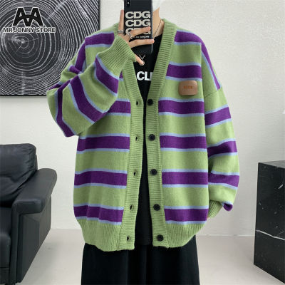 卍☃♝ hnf531 MJ Contrast striped sweater cardigan mens Korean version trendy couple loose knit jacket