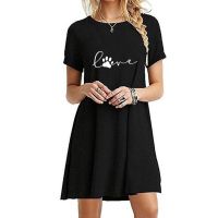 【LZ】✤  Senhoras em torno do pescoço acima do joelho vestido casual sexy mini saias vestidos para as mulheres moda verão manga curta impresso longo camiseta