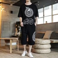 【hot seller】 2023 summer large size retro casual Tang suit and linen mens new loose short-sleeved T-shirt cropped set