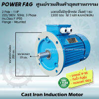 มอเตอร์ไฟฟ้าเหล็กหล่อ แบบหน้าแปลน 3 เฟส (สาย) 220/380V. 2 Pole (โพล) 3000 รอบ ขนาด 1 แรงม้า (1 HP) สามารถใช้งานภายนอกอาคารได้ กันน้ำกันฝุ่น IP55