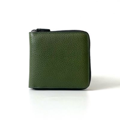 กระเป๋าสตางค์หนังวัวแท้แบบมีซิป เกรนสีเขียว Zip Wallet Bifold Grainy Leather Green