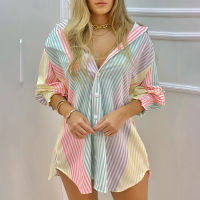 2021 Women Fashion Striped Print Shirt Lady Long Sleeve Blouse Turn Down Collar Ruched Button Design Casual Tops