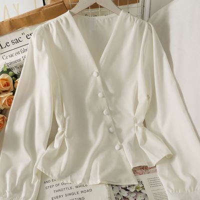 2021 Autumnwinter French bubble sleeve blouse long sleeve western style waist