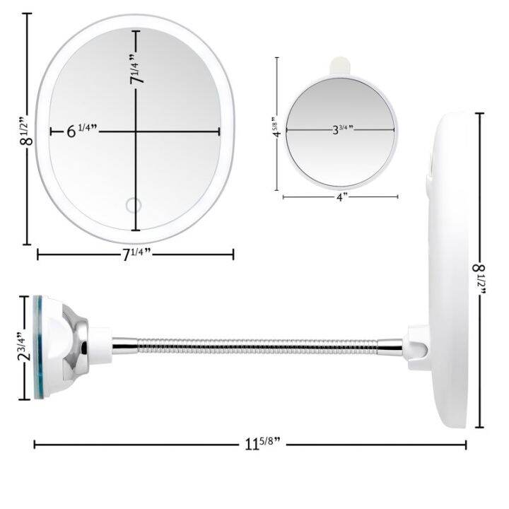 กระจกแต่งหน้ามีไฟส่องสว่าง8-5นิ้วคอห่านแบบชาร์จไฟได้พร้อมเมาท์ติดจุกดูดแบบถอดได้แว่นขยายขนาดเล็กแม่เหล็ก10x-dimma
