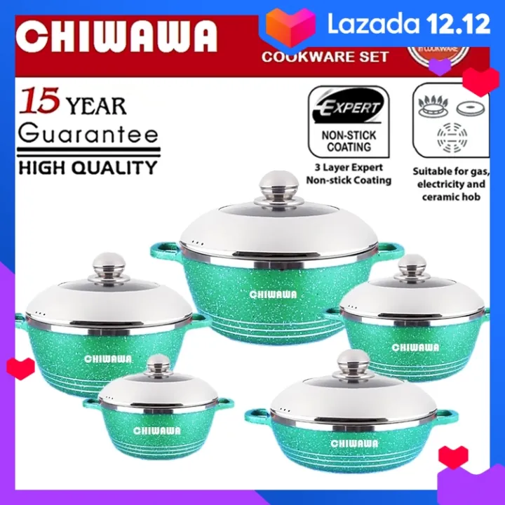【ORIGINAL】CHIWAWA ITALY 10 Pcs Granite Aluminium Non Stick Casserole Pot Bowl Deep Fry Pan Cookware Tool