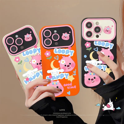 เคสลายการ์ตูน Happy Loopy สีชมพูหมีน้อยน่ารัก Floret เข้ากันได้กับ IPhone 6 8 7 15 6S Plus 13 14 11 7Plus XR X 15 12 Pro Max XS MAX XS 2020เคสกรอบเลนส์สีตัดกันแบบนิ่ม