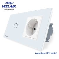 Welaik Eu 2frame 1gang 1way Crystal Tempered Glass Panel Led Light Strip Wall Touch-switch 16a Power Socket 220v A29118ecw