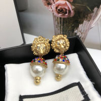 2021 new ladies ear luxury jewelry vintage lion head pearl earrings for women colorful rhinestones ear studs girls accessories