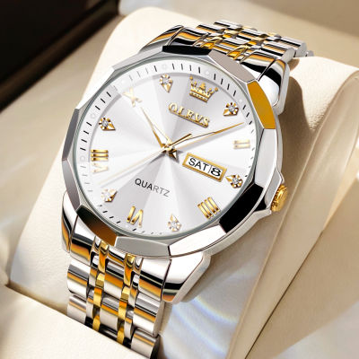 OLEVS นาฬิกาสำหรับผู้ชายขายตอนนี้2023แฟชั่นต้นฉบับกันน้ำปฏิทินคู่ส่องสว่างแสดงปริซึมเพชรแบบ Dial สแตนเลสหรูหราบุรุษนาฬิกา